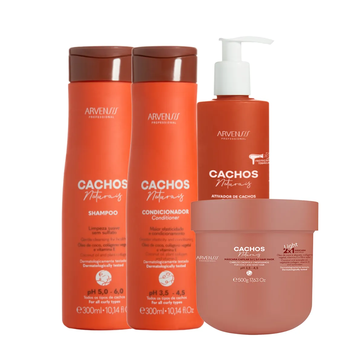 Kit Arvensis Cachos Naturais Shampoo 300ml + Condicionador 300ml + Ativador de Cachos 300ml + Máscara 2 em 1 500g