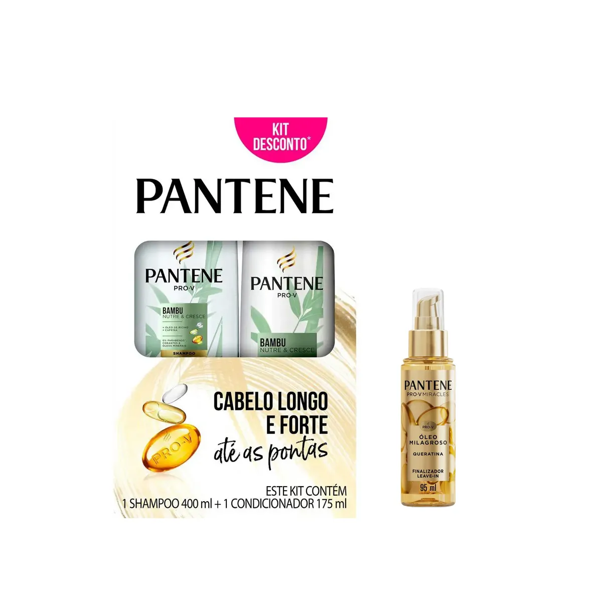 Kit Pantene Bambu Shampoo 400ml + Condicionador 175ml + Óleo Milagroso Finalizador e Leave-in Miracles Queratina 95ml