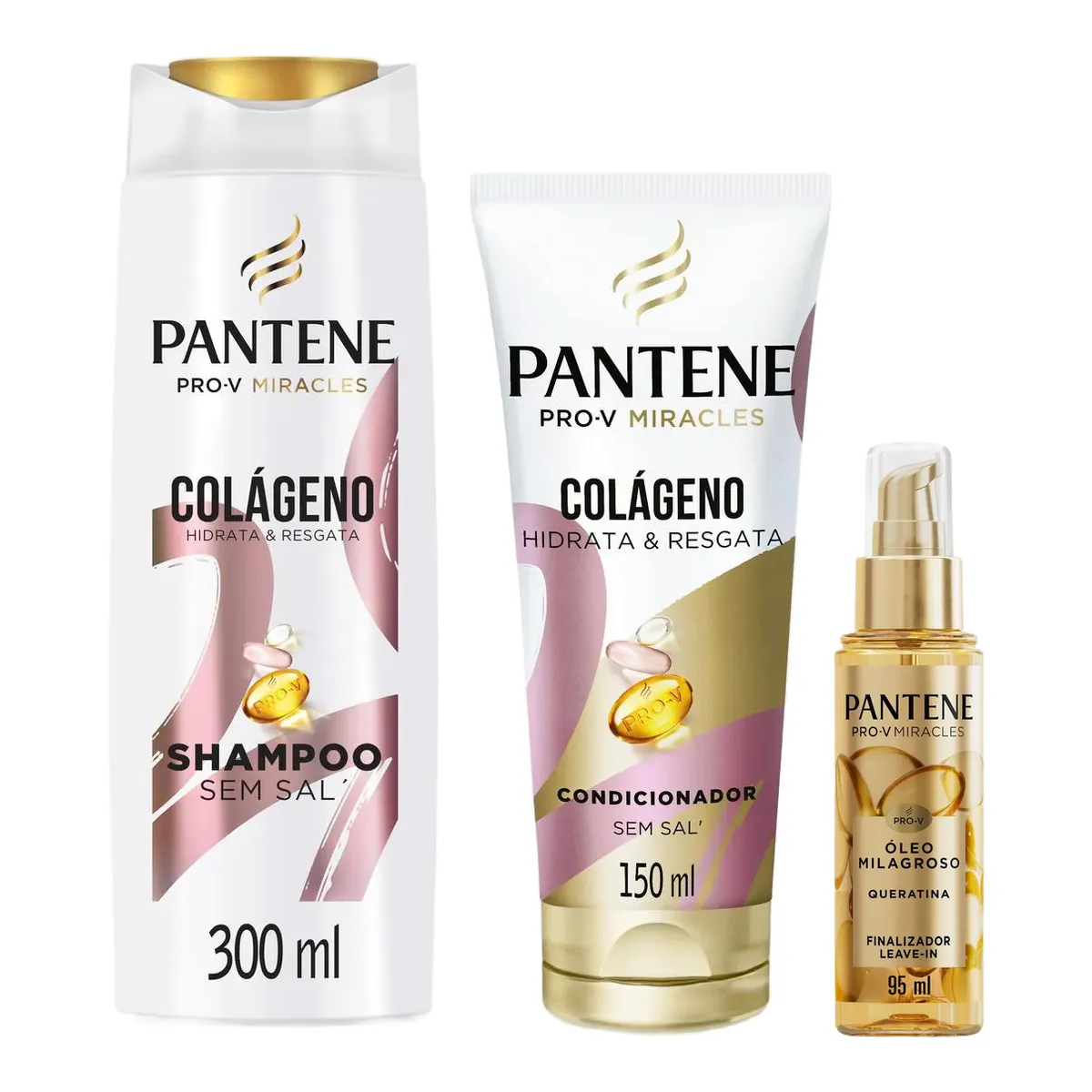 Kit Pantene Miracles Colágeno Hidrata & Resgata Shampoo 300ml + Condicionador 150ml + Óleo Milagroso Finalizador Leave-in Queratina 95ml