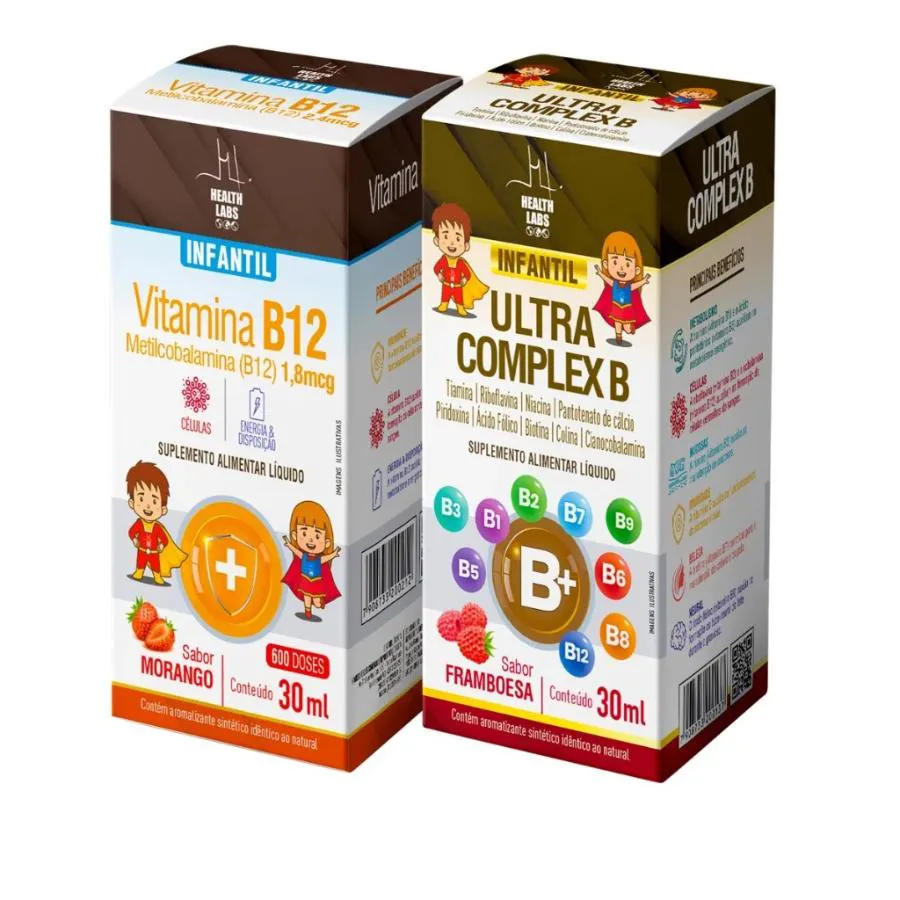 Kit Vitamina B12 Infantil 30ml Morango + Ultra Complexo B Infantil 30ml Framboesa – Health Labs