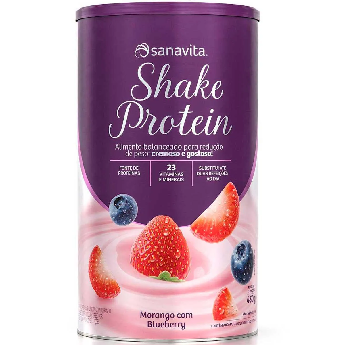 Shake Protein Fonte de Proteína + 23 Vitaminas e Minerais – (450g) – Sanavita Morango com Blueberry