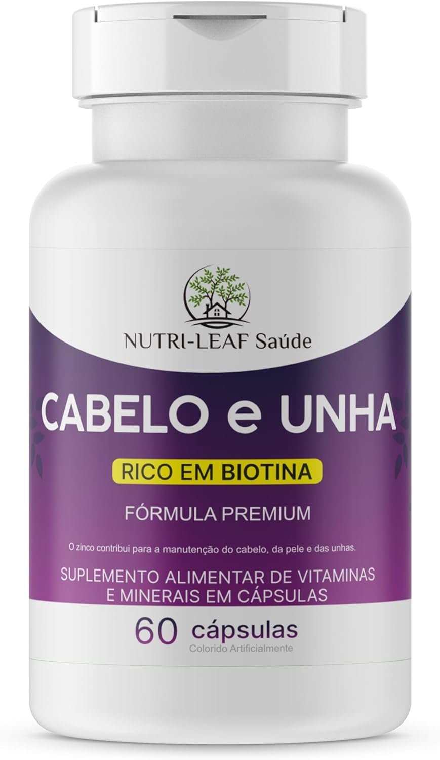 Cabelo e Unha Vitamina para Crescimento Capilar Unhas Fortes e Pele Saudável com Biotina Zinco e 16 Vitaminas Essenciais 60 Cápsulas da NUTRI-LEAF Saúde