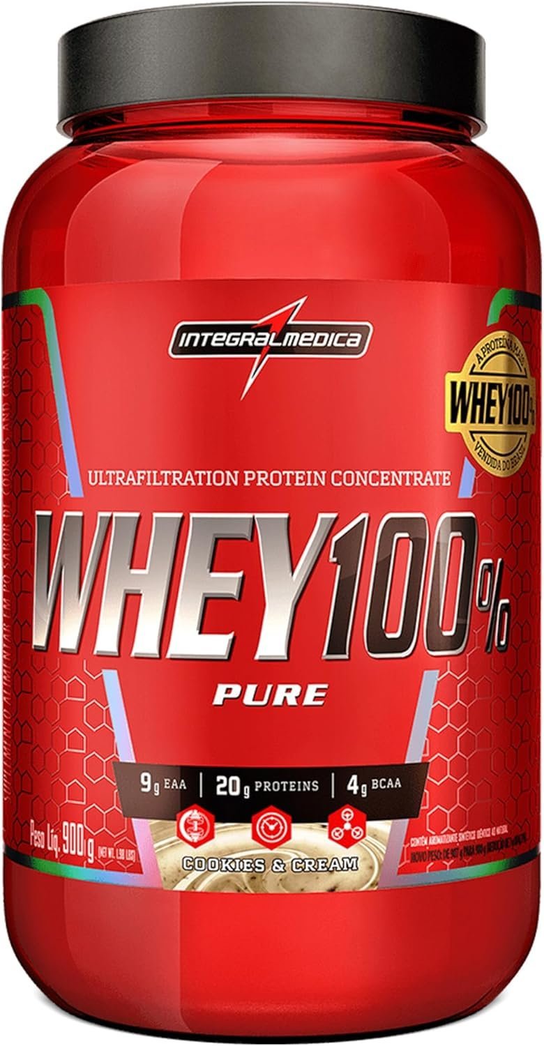 Integralmédica – Whey Protein Concentrado Cookies and Cream 100% Pure – 21g de Proteína por Scoop, Suplementação Alimentar Pós-Treino, Fórmula Enriquecida com BCAAs – Pote 900g
