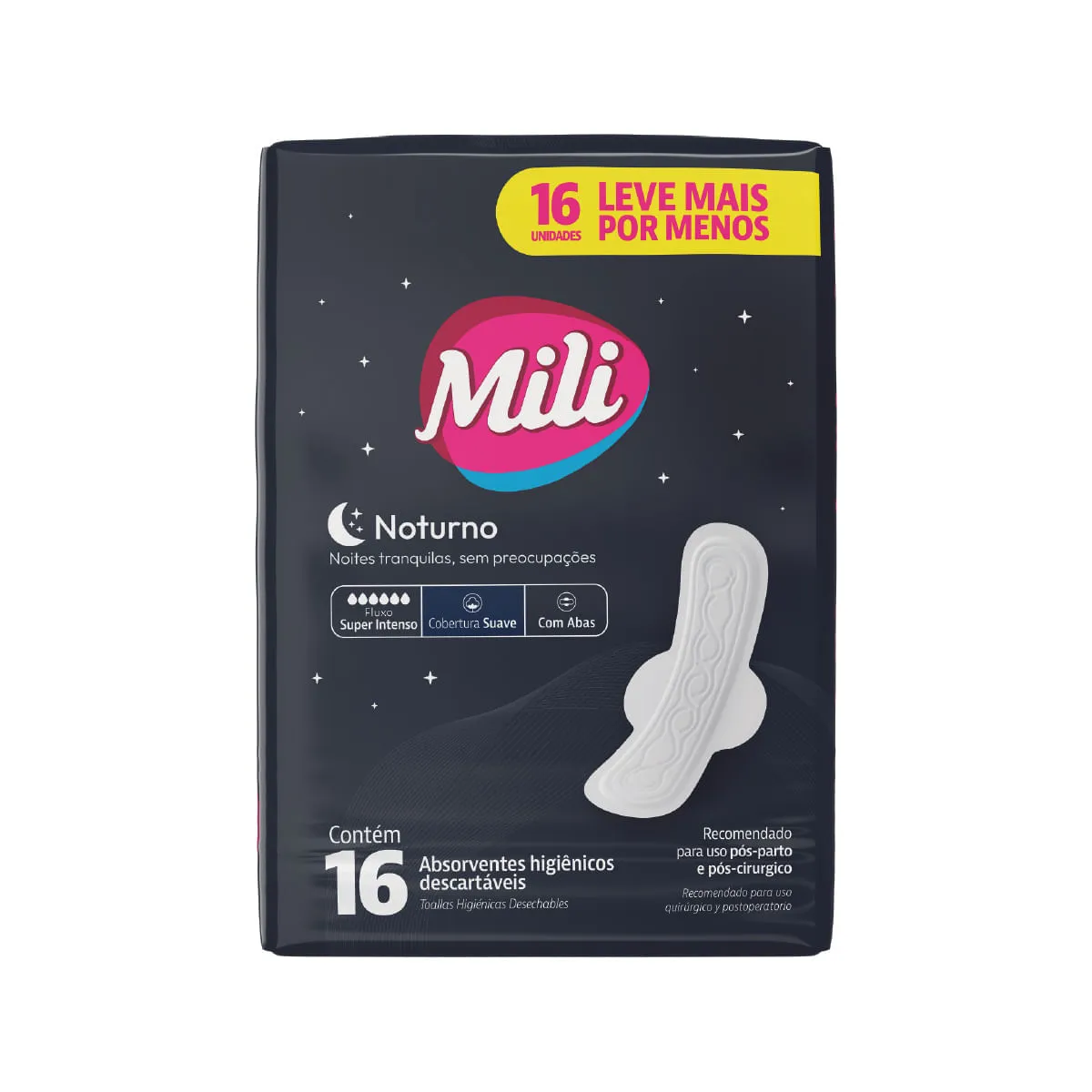 Absorvente Mili Noturno Com 16 Suave Com Abas