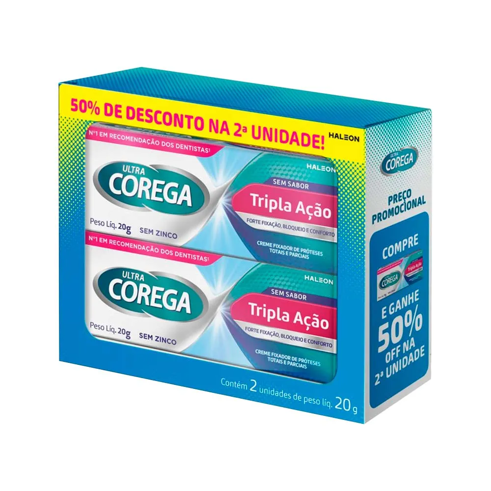 Creme Fixador De Proteses Dentarias Corega Tripla Acao Sem Sabor Com 2 Unidades De 20gr Cada Promocional