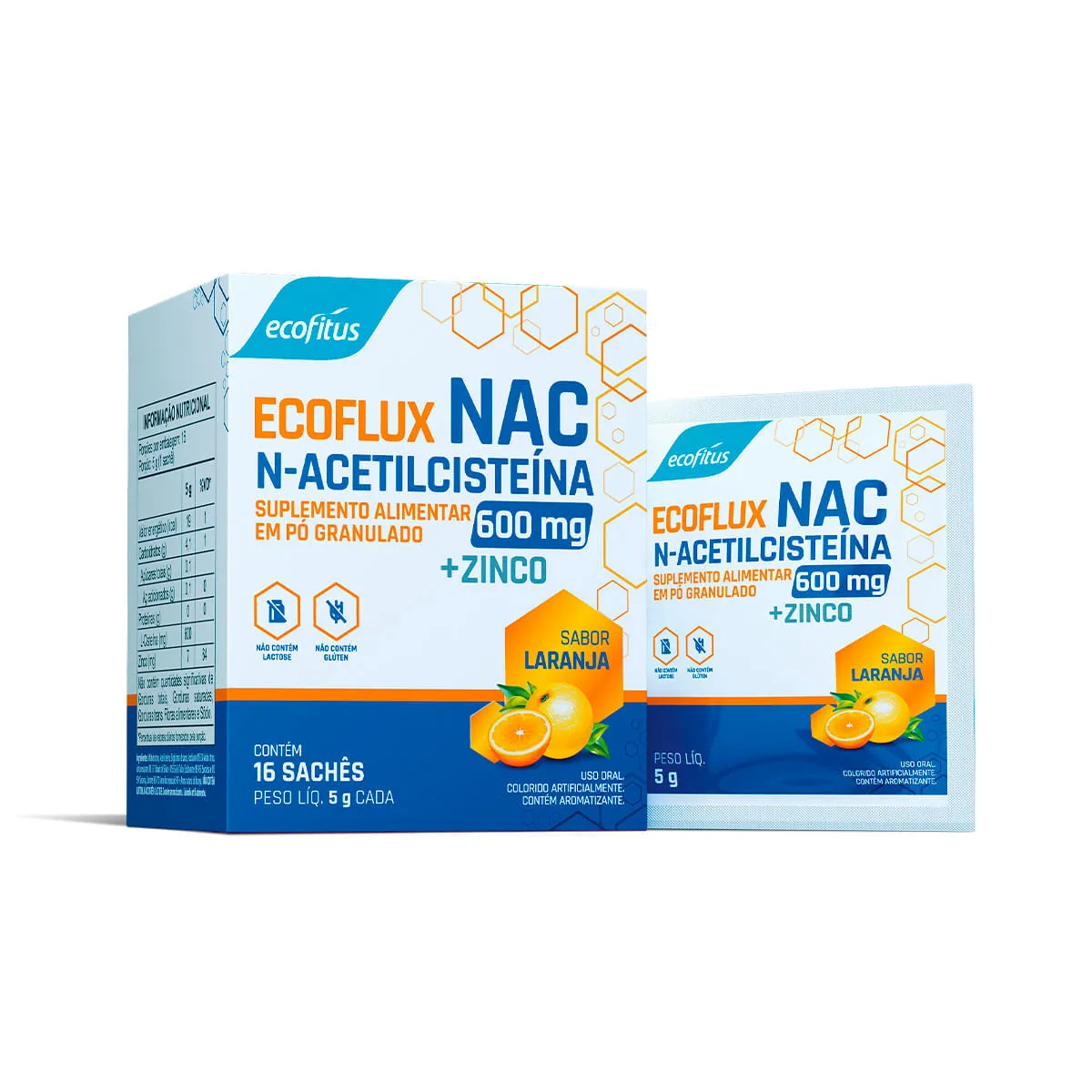Ecoflux Acetilcisteina + Zinco Com 16 Saches De 5gr 600mg Laranja