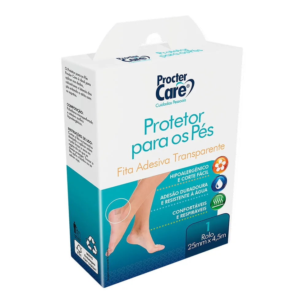 Fita Adesiva Protetora Para Os Pés Procter Care Com 1 Rolo De 25mm X 4,5m