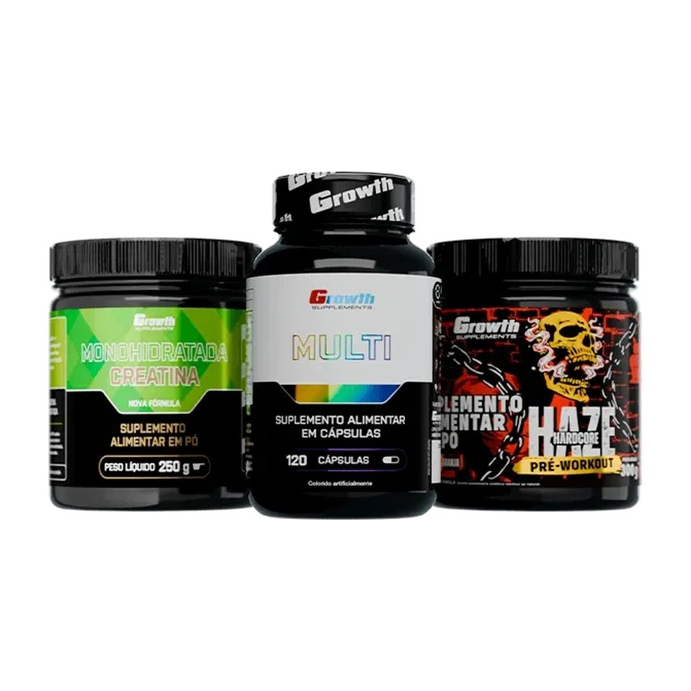 Kit Creatina Monohidratada 250g, Multivitamínico 120 caps e Pré-Treino Haze 300g - Growth Supplements