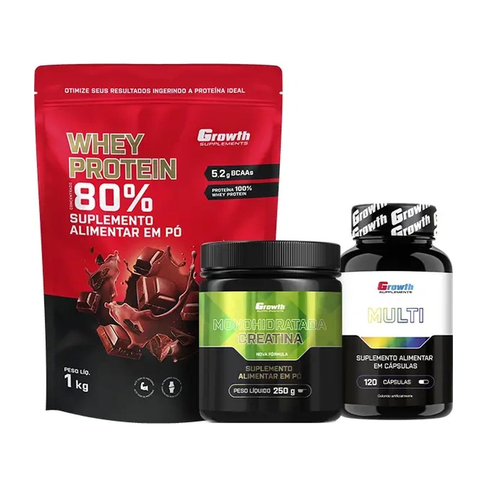Kit Whey Protein Concentrado 1kg, Creatina Monohidratada 250g e Multivitamínico 120 caps