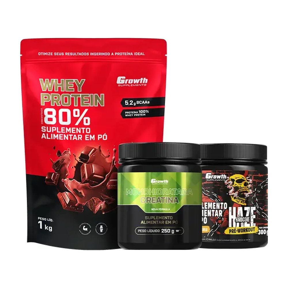Kit Whey Protein Concentrado 1kg, Creatina Monohidratada 250g e Pré-Treino Haze Laranja 300g