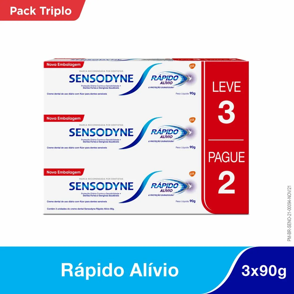 Sensodyne Rápido Alívio - Kit De Creme Dental, Alívio Para Dentes Sensíveis, Com 3 Unidades De 90g