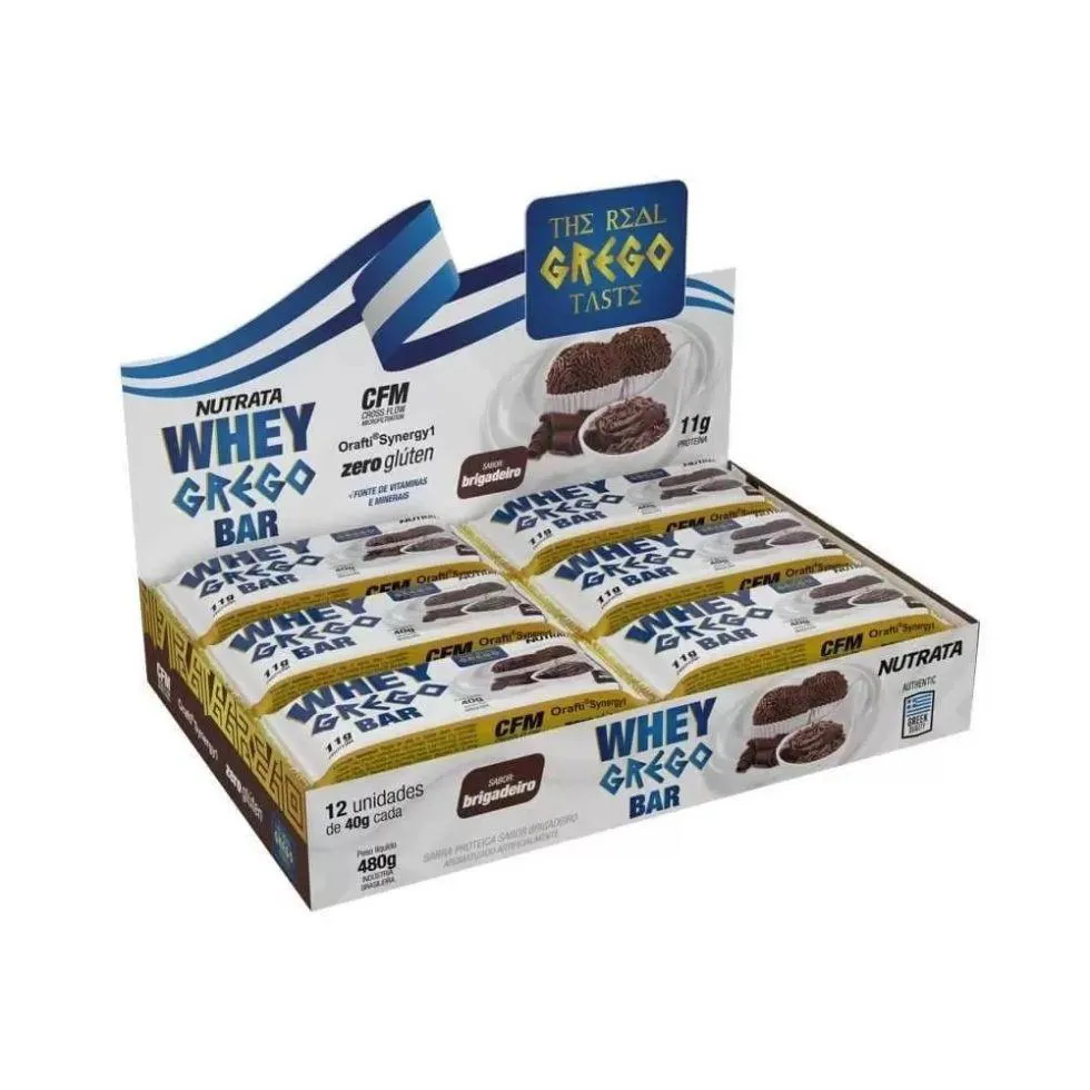 Whey Grego Bar Caixa com 12 unidades (480g) – Sabor: Brigadeiro